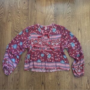 Spell Red and Blue Floral Blouse small long sleeve bohemian boho v neck paisley